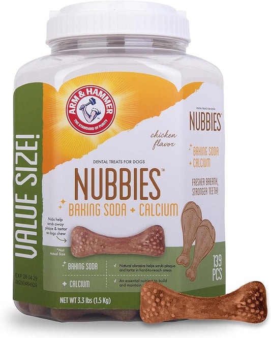 Arm & Hammer for Pets Nubbies Dental Treats Value Size - Baking Soda & Calcium Dog Dental Chews, Helps Scrub Plaque & Tartar While Chewing, Chicken Flavor, 139 Count, 52.8 Oz