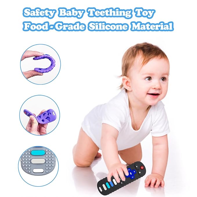 ROBBEAR Baby Teething Toys, Food Grade Silicone Teether for Babies 3 6 12 18 Months, TV Remote Shape Toddlers Chew Toys, Freezer BPA Free (Purple+Khaki)