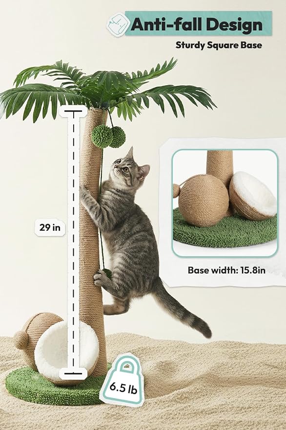 33" Tall Cat Scratching Post, Natural Jute Cat Scratcher for Indoor Cats,Twin Coconuts & Tree Design with Hanging Toy Ball & Rest Platform,Stable Furniture Protector for Kittens & Adult Cats,M