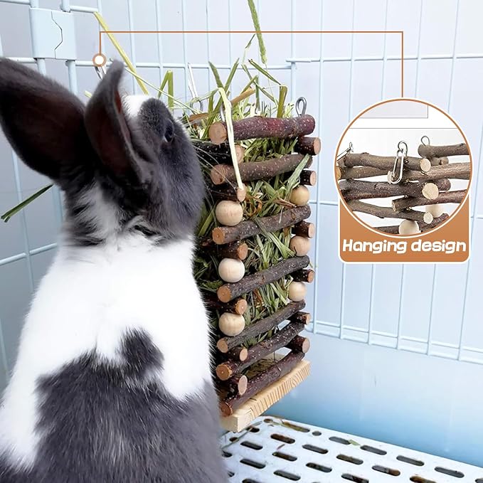 Hanging Apple Wood Rabbit Hay Feeder - Guinea Pig Grass Holder with 2 Hooks Biting Resistant Small Animals Chew Toy, Feeding Hay Manager Shelf for Chinchilla Bunny Hamster Gerbil Holiday Presents