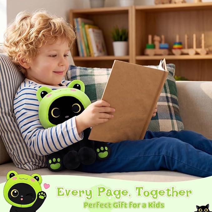 Frog Plush Toy, Cute Black Cat Plush with Removable Frog Hat, 8" Soft Plushie Cute Stuffed Animal Pillow for Kids, Birthday Gift for Boys and Girls and Adults