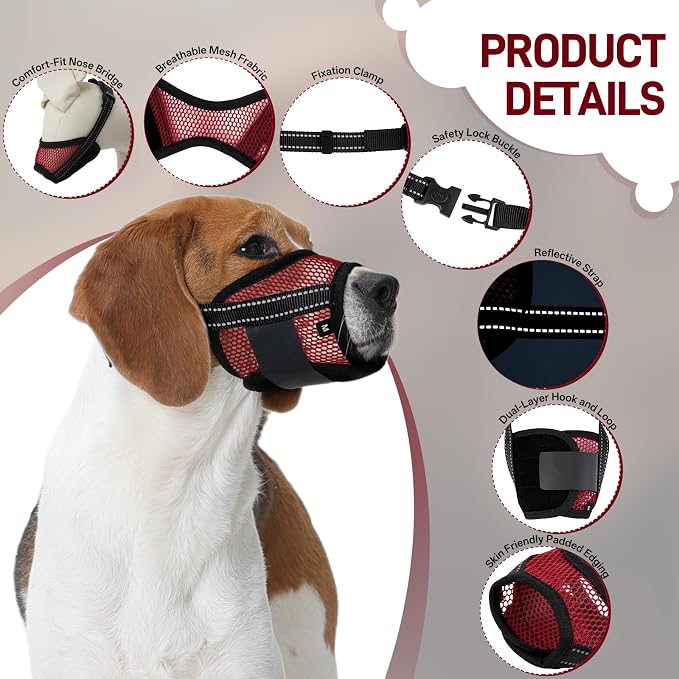Pezluxe 2-Pack Dog Muzzle, Soft Air Mesh Muzzle Anti Biting Barking Chewing, Secure & Breathable Drinkable Pets Muzzles with Adjustable Strap, for Small Medium Large Dogs (Red-L)
