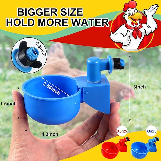 Tanlade 50 Pcs Automatic Chicken Waterer Cups Chicken Feeder for PVC Pipe Waterer Kit for Poultry Duck Goose Turkey Bunny (Red,Blue,Classic)