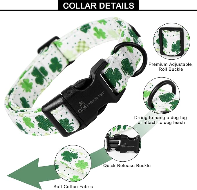 ARING PET St Patrick's Day Dog Collar, Cute White Clovers Shamrock Pet Collars with Quick Release Buckle for Puppy Small Medium Large Boy Girl Dogs-S