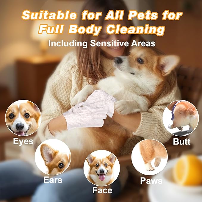 Pet Glove Wipes for Dogs and Cats, Deodorizing Cleaning Gloves, Hypoallergenic Coconut Oil Grooming Wipes, Individually Wrapped, for Pet Dry Cleaning, Daily Care and Travel, 9 Pcs