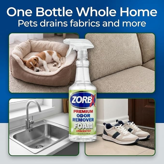 ZORBX Premium Unscented Odor Remover Foam 32 oz – Extra Strength, Fragrance-Free Odor Eliminator Foamer for Pets, Drains, Garbage Disposal, Carpets, Bathroom & Kitchen