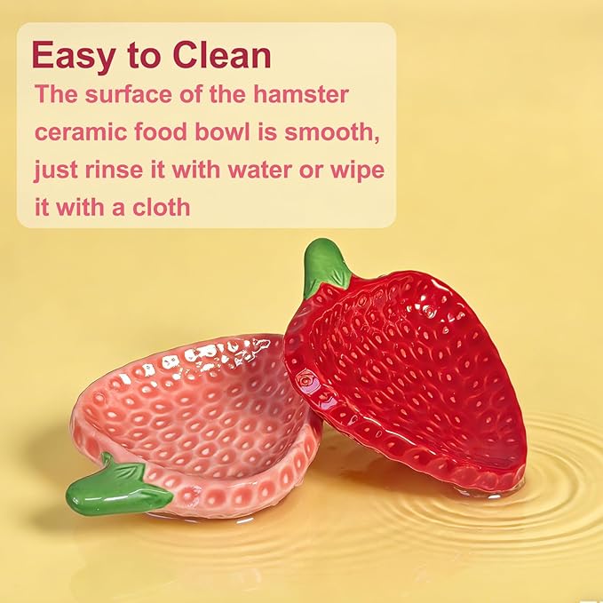 2PCS Hamster Bowl, Hamster Food Dish Ceramic Food Water Feeding Bowl Small Animal Bowls for Gerbil Rat Mice Hedgehog (Strawberry)
