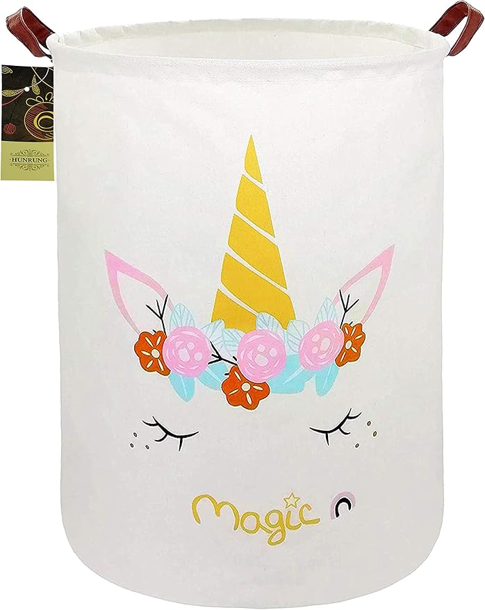 Collapsible Fabric Storage Basket, Waterproof Laundry Hamper with Handles, Round Storage Bin for Clothes Toys, Foldable Organizer for Bedroom Nursery Bathroom(Round-magic-unicorn)