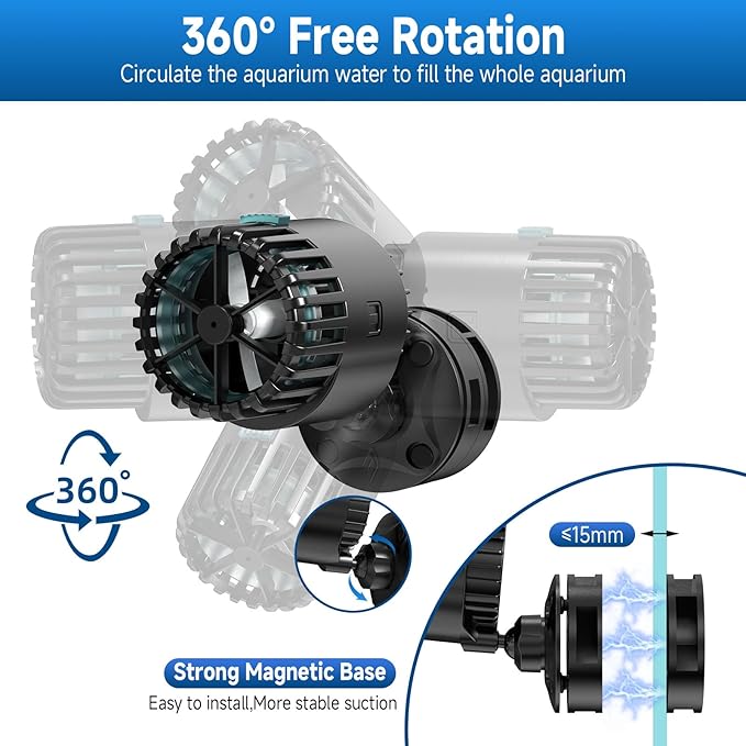 AQQA Magnetic Wave Maker for Aquarium 75-150 Gallon 2110 GPH Water Circulatio Pump Powerhead Fish Tank Wavemaker 360°Rotatable Quiet Operation for Freshwater(12W)