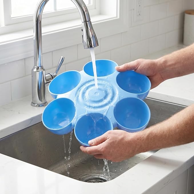 POPETPOP Cat Food Bowl with 6 Bowls - Pet Feeder for Multi Cat Kitten Puppy | Non-Toxic Plastic Multi Cat Dishes with Stable Base, Multiple Dinner Feeder for Outdoor Indoor Food & Water Feeding (Blue)