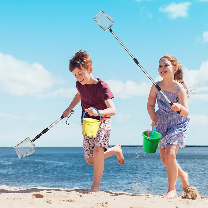 2 PCS Beach Mesh Shovel Sand Sifters, Enlarged Shark Tooth Sifter | [50% Larger Size] Extendable Handle Superior Quality for Summer Shell Collecting, Filter Sand Scooper Tools for Kids Adults