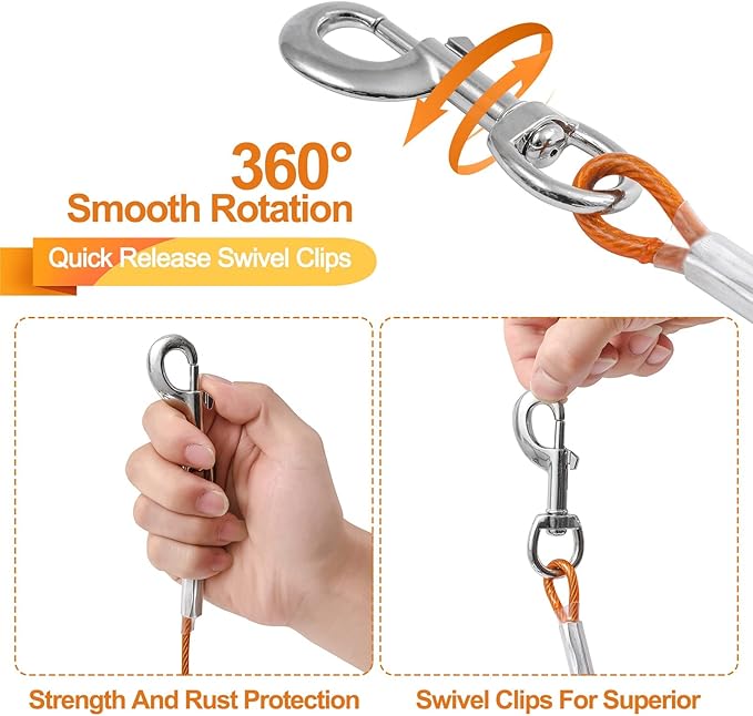 Tie Out Cable for Dogs,10/20/30/50/100FT Dog Leads for Yard Chew Proof,Heavy Duty Tie Out Cable for Large Dogs Up to 125lbs,Dog Runner Tether (Orange, 125Ibs 100ft)
