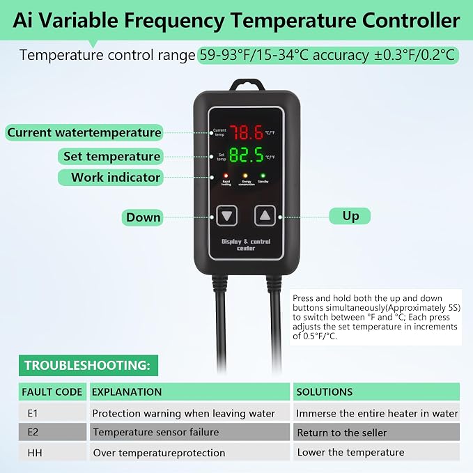 Aquarium Heater 300W/1000W, Submersible Fish Tank Heater with Digital LED Controller and Intelligent Leaving Water Automatically Stop Heating System, for Freshwater and Saltwater