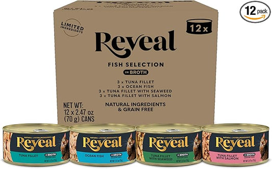 Reveal Natural Wet Canned Cat Food, 4-Flavor Variety Pack, Limited Ingredient, Grain Free, High Protein with No Artificial Additives, Fish Variety in Broth (12 x 2.47 oz Cans)