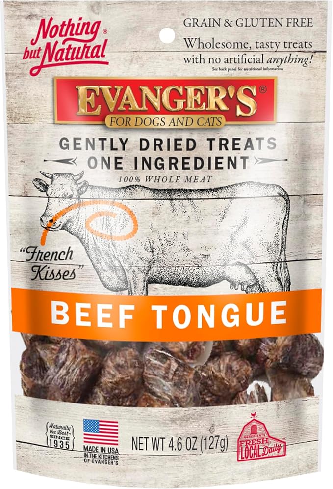 Evanger's Nothing But Natural Gently Dried Beef Tongue Treats for Dogs & Cats – 4.6 oz – Single-Ingredient, Grain-Free, Protein Snack – Supports Digestive & Coat Health