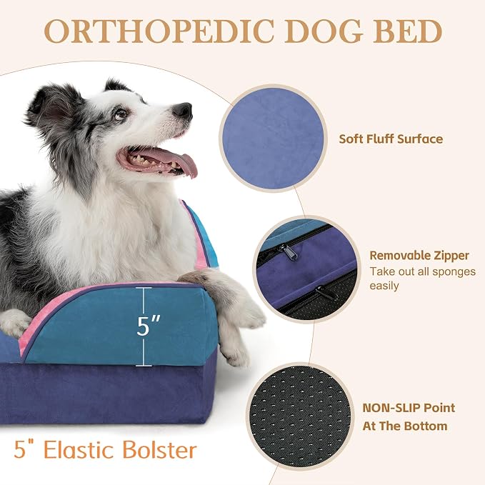 Comfort Expression Orthopedic Dog Bed for Extra Large Dogs with Bolster | Waterproof Dog Couch Bed with Washable Cover & Non-Slip Bottom, Supportive Egg Crate Foam XL Pet Bed, 45x35 Inch