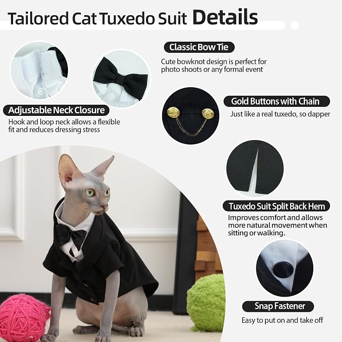 QBLEEV Cat Tuxedo Outfit with Bow Tie, Sphynx Cat Costume Formal Suit Wear | Soft breathable, stylish hairless clothes for cats only, kitten wedding birthday party shirt apparel for male boy