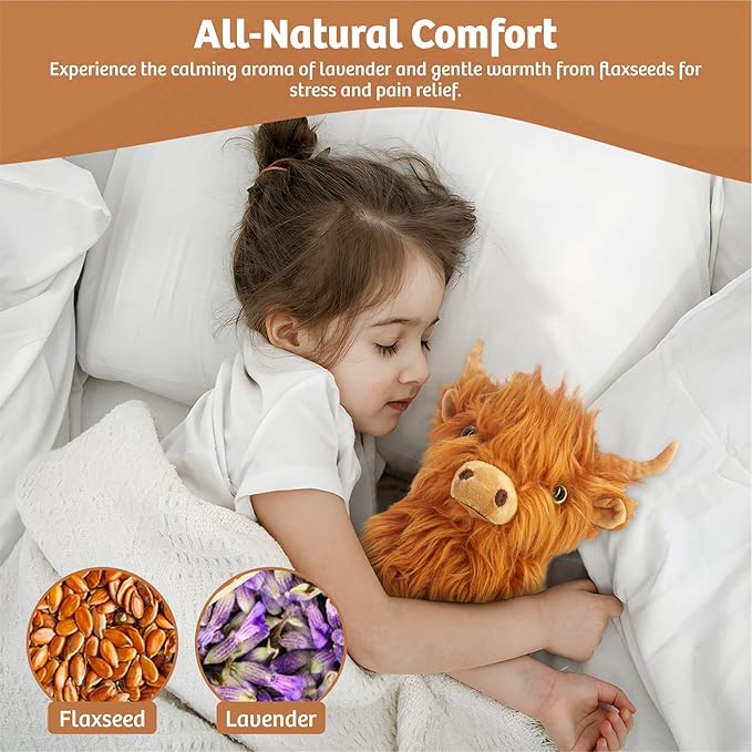 Marysun Microwavable Highland Cow Stuffed Animal Toy - Brown Stuffed Animal Gift for Girls and Kids, 9.8in, 1.65lb