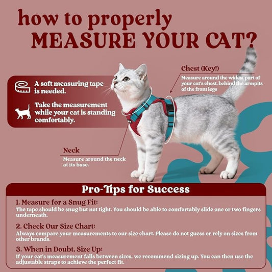 rabbitgoo Cat Harness and Leash for Walking, Escape Proof Soft Adjustable Vest Harnesses for Cats, Easy Control Breathable Reflective Strips Jacket, Red & Teal, M