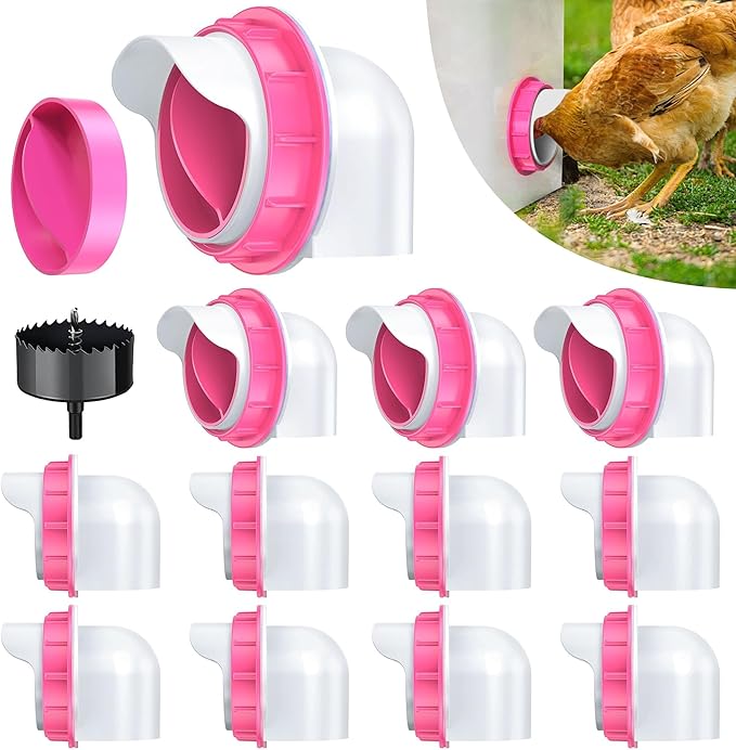 Chicken Feeder Port, 12 Pack Chicken Feeders No Waste with 12 Lids 1 Drill Bit, DIY Automatic Poultry Feeder Cups Kit, Chicken Bucket Feeder for Barrels (Pink)