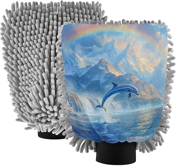 Car Wash Mitt Microfiber Wash Mitts for Car Washing Scratch-Free Cleaning Gloves Soft Non Absorbent Chenille Auto Hand Mitt Medium 2Pack Rainbow Dolphins Jumped Out Blue