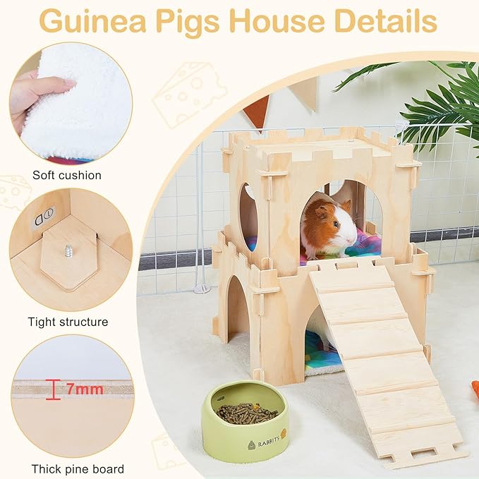 Guinea Pig Hideout, Guinea Pigs House with Stairs and Mats Extra Large Guinea Piggy Castle Detachable Hideouts for Small Animals Wooden Guinea Pig Habitats with Multiple Doors and Windows