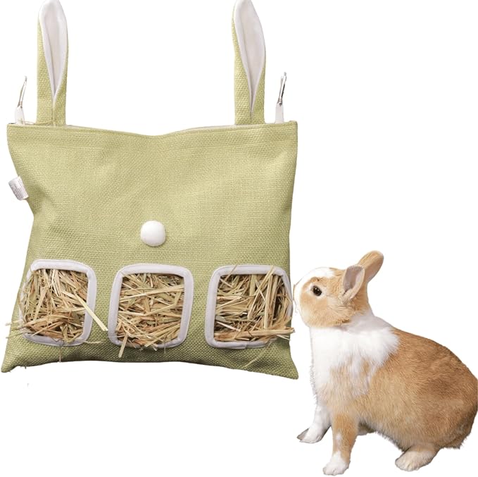Rabbit Hay Feeder, Bunny Hay Bag for Rabbits,Rabbit Feeder Fabric Bag Feeder Storage Bag,Large Capacity Cotton Canvas Fabric Hanging Hay Feeder Bag for Small Animal,Hay Guinea Pig (Green,M)