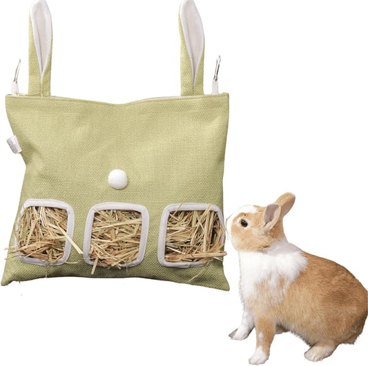 Rabbit Hay Feeder, Bunny Hay Bag for Rabbits,Rabbit Feeder Fabric Bag Feeder Storage Bag,Large Capacity Cotton Canvas Fabric Hanging Hay Feeder Bag for Small Animal,Hay Guinea Pig (Green,M)