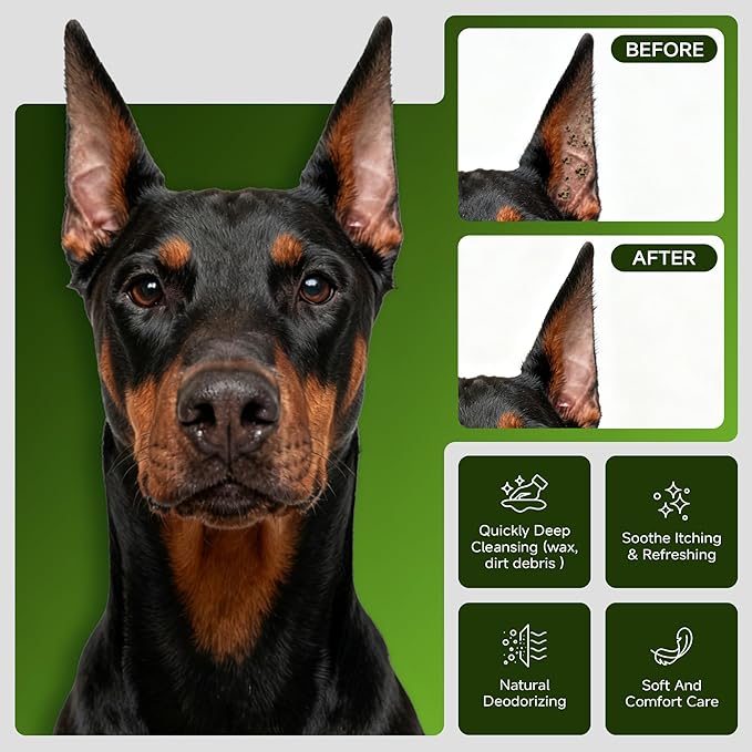 Dog Ear Wipes – Finger Design Ear Cleaner for Dogs & Cats, Made with 8 Botanical Extracts, No Rinse, Gentle Easy Cleaning & Deodorizing, Calm Irritation, Fragrance Free, Large Easy Fit,50 Ct