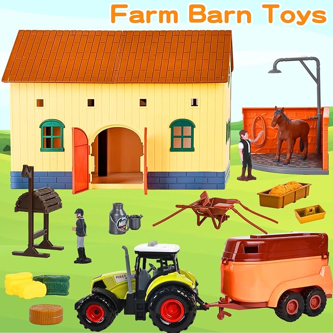 Horse Club Riding Arena, Horse Stable Playset,Tractor with Trailer, Equestrian Washing Area,Riders Figures,Horse Figurine, Obstacle Accessory Set - Barn Toys for 3-7 Years Old Kids Boys Girls Toddlers