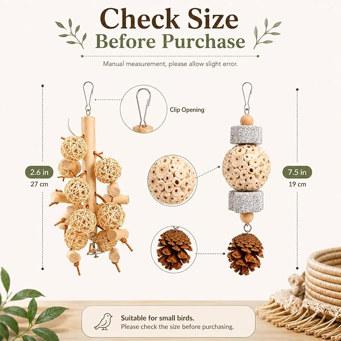 2-Pack Natural Bird Toy Set for Small to Medium Birds, Rattan Ball & Sola Hanging Toys with Pumice Stone, Enrichment Cage Accessories for Cockatiels, Budgies, Conures, Lovebirds