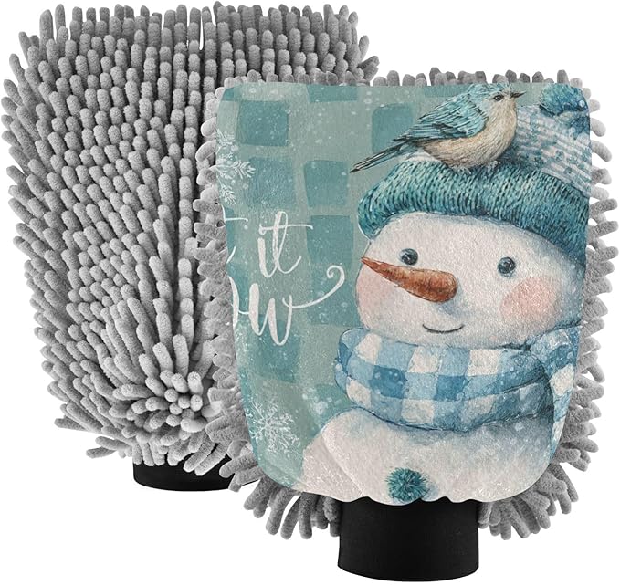 Car Wash Mitt Microfiber Wash Mitts for Car Washing Scratch-Free Cleaning Gloves Soft Non Absorbent Chenille Auto Hand Mitt Medium 2Pack Christmas Snowman Blue White Checkered