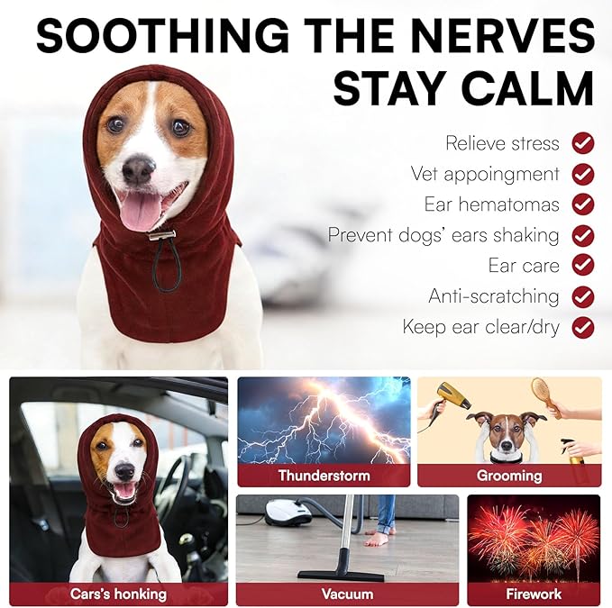 Dog Calming Hoodie - No Shake Ear Wraps for Dogs, Anxiety Relief & Noise Protection, Pet Ear Cover for Thunderstorms, Firework, Grooming, Force Drying, Burgundy L
