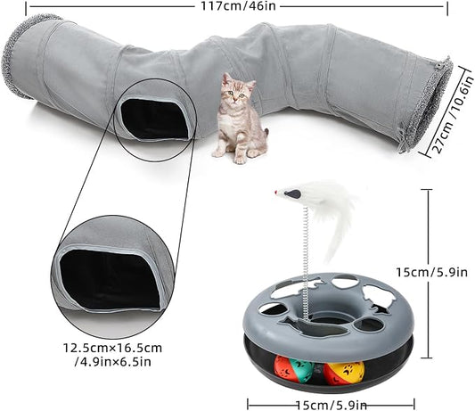 Pet Cat Tunnel Tube Cat Toys 2 Way Collapsible, Tunnels for Indoor Cats,S-Shaped Play Tube with Peephole and Hanging Ball,10.5" Maze Cats House for Puppies, Rabbits, Kitty, Kitten,Ferrets