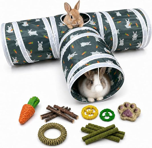 Rabbit Tunnel Toy, Collapsible 3-Way Hideout Tunnel with Chew Toys for Rabbits, Guinea Pigs, Ferrets, Kittens & Small Pets - Gray & White Bunny Carrot Design Hideout (33"x20"x9.5")