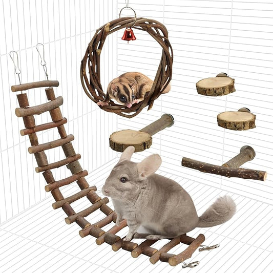 BNOSDM 6PCS Chinchilla Cage Accessories, Natural Wood Sugar Glider Climbing Bridge & Perch Platforms, Rat Enrichment Toys Set for Small Animals Squirrel, Gerbil, Hamster