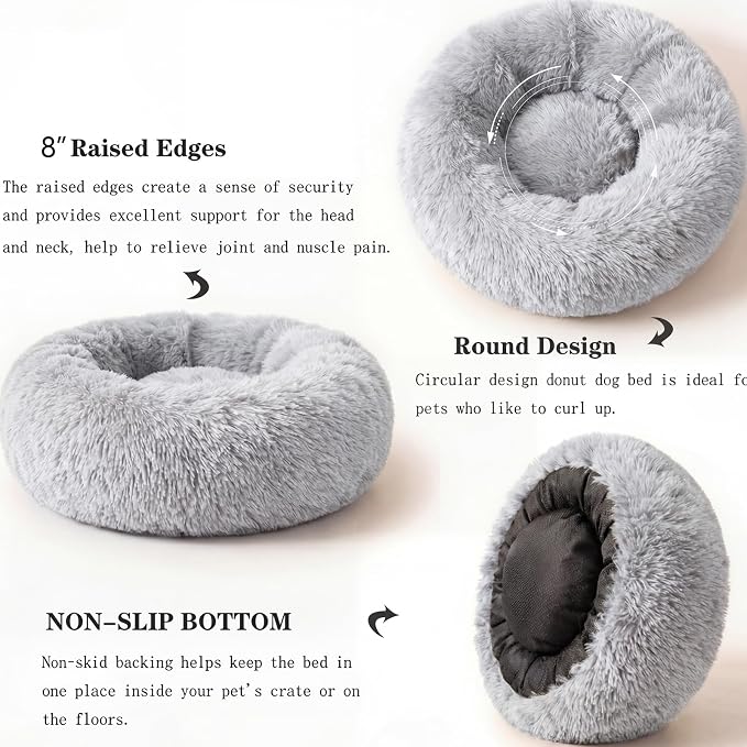 Calming Dog Bed for Medium Dogs Washable Donut 28 inches Anti-Slip Pet Bed,Round Fluffy Plush Faux Fur Cat Bed,Fits up to 40 lbs Pets,Frost Grey
