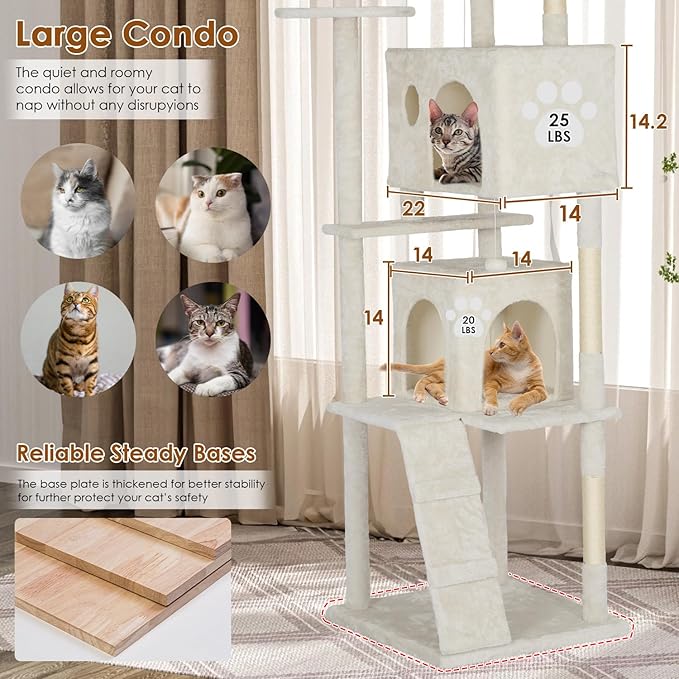 PayLessHere Cat Tree 62in Cat Tower with Cat Scratching Post,Multi-Level Cat Condo Stand House Furniture Kitty Activity Center with Furry Ball Toys Cat Tree for Indoor Cats,Beige