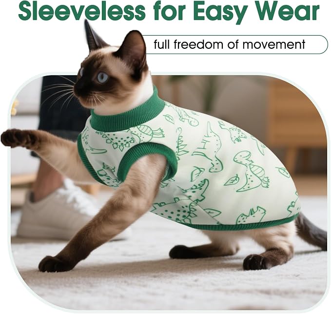DENTRUN Sleeveless Cat Vest, Dinosaur Print & Ultra-Soft Dralon Fleece | Breathable, ultra-soft Dralon fleece, dinosaur print, sleeveless for freedom, all-season indoor/outdoor wear, XS-XXL sizes