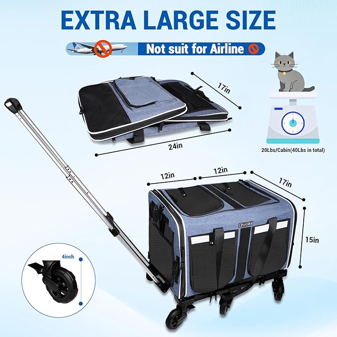 Petskd Extra Large Double Pet Carrier with Wheels for 2 Cats or a Medium Dog, 24" X 17" X 15" Soft-Sided Rolling Cat Carrier for Vet, Car Travel, and Home Use, Support up to 40 Lbs, Blue