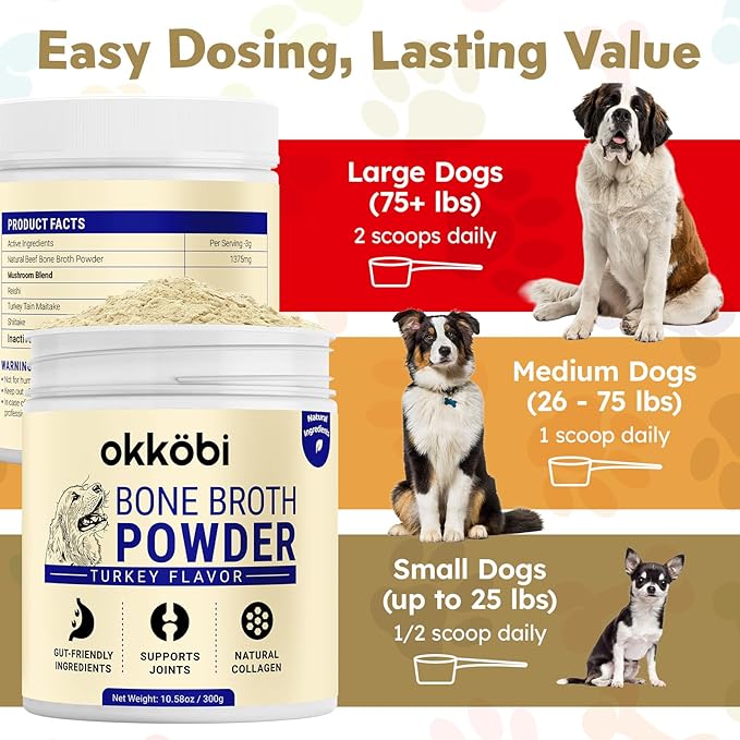 Bone Broth for Dogs - All-Natural Food Topper for Picky Eaters - Powder Supplement for Joint Health, Digestion & Hydration, 10.5oz (Turkey)