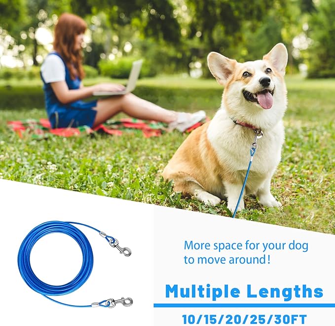 Dog Tie Out Cable 10/15/20/25/30/50 FT Dog Runner for Yard Steel Wire Dog Cable with Durable Superior Clips Blue Dog Chains for Outside Dog Lead for Large Dogs Up to 165 lbs