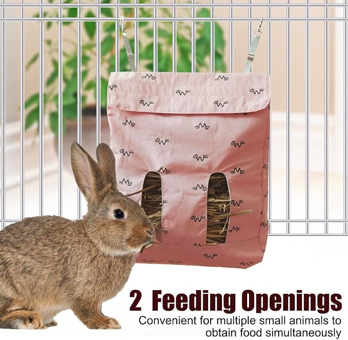 DONGKER Rabbit Hay Feeder Bag,Polyester Hay Feeding Storage Bag with 2 Hooks Foldable for Chinchilla Hamsters Rabbit Guinea Pig Small Animals
