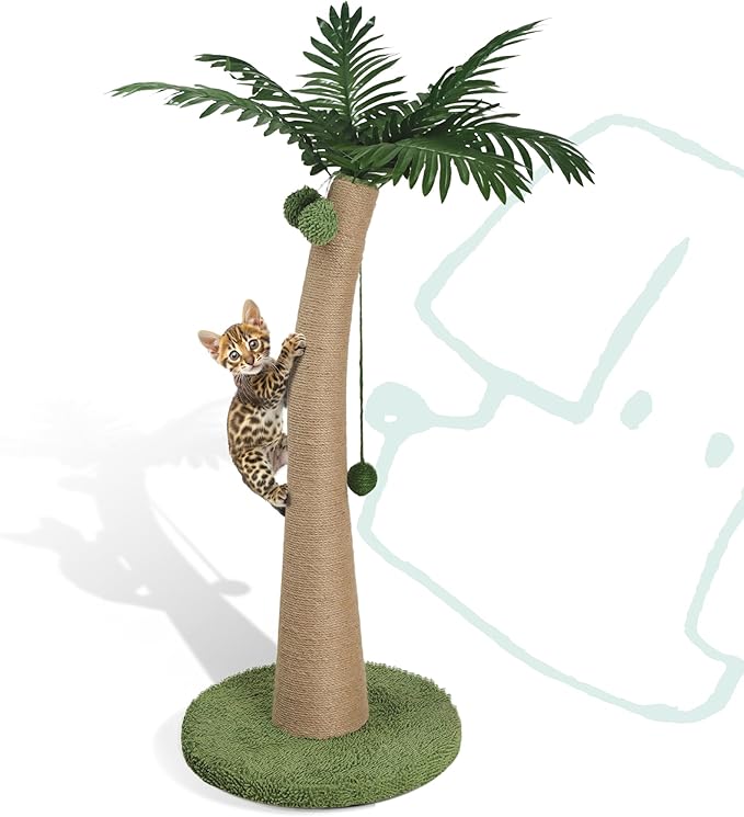 33" Tall Cat Scratching Post, Natural Jute Cat Scratcher for Indoor Cats, Coconut Tree Design with Hanging Toy Ball & Rest Platform, Stable Furniture Protector for Kittens & Adult Cats, L