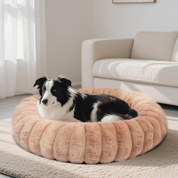 Donut Dog and Cat Bed, Luxurious Comfortable Faux Rabbit Fur Pet Beds, Round Anti-Anxiety Calming Puppy Kitten Bed with Anti-Slip Bottom for Small Medium Dogs & Cats(25", Brown)