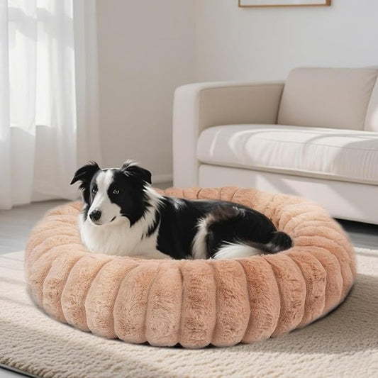 Donut Dog and Cat Bed, Luxurious Comfortable Faux Rabbit Fur Pet Beds, Round Anti-Anxiety Calming Puppy Kitten Bed with Anti-Slip Bottom for Small Medium Dogs & Cats(25", Brown)