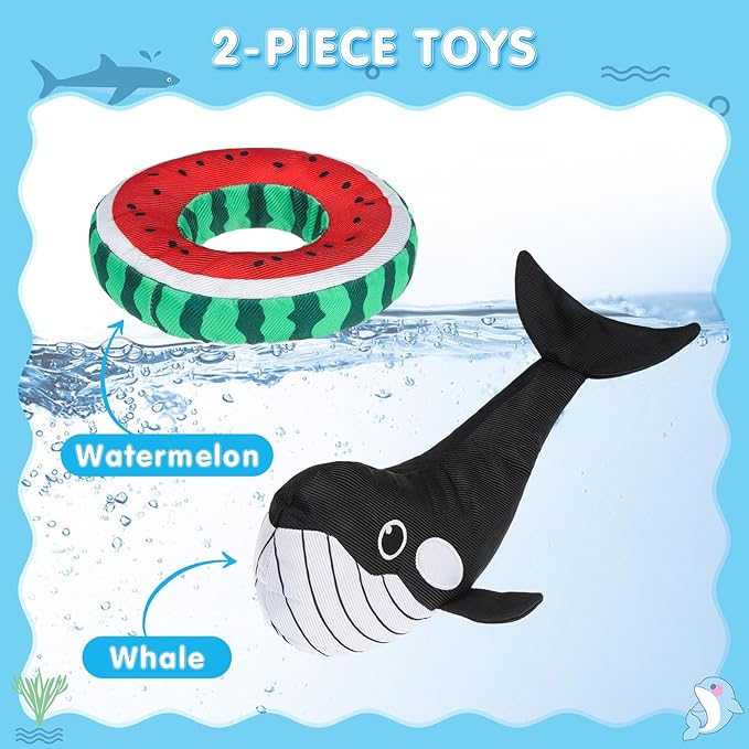 SCENEREAL Dog Water Toy for Medium Small Dogs- 2 Pack Floating Dog Toys Squeaky Toys for Pool Fetch, Whale & Watermelon Shape Durable Pet Chew Toy Summer Outdoor Interactive Play