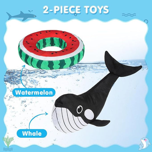 SCENEREAL Dog Water Toy for Medium Small Dogs- 2 Pack Floating Dog Toys Squeaky Toys for Pool Fetch, Whale & Watermelon Shape Durable Pet Chew Toy Summer Outdoor Interactive Play