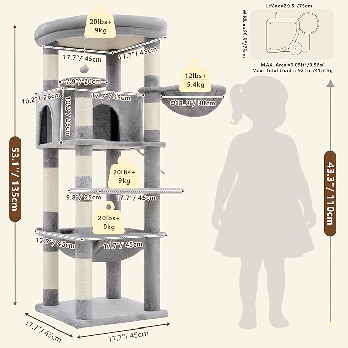 Heybly Cat Tree, 53.1-Inch Corner Stable Cat Tower for Large Indoor Cats, Well-Structured Interactive Cat Condo with Fan-Shaped Top Perch, Cozy Condo, Sturdy Base, Basket & Hammock,Light Gray HCT029W