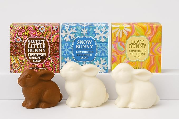 Bunny Soap Gift Box by Greenwich Bay- 3 Decorative Sculpted Rabbit Soap Bars Packaged with Easter Grass- Enriched with Cocoa Butter, Shea Butter, Sweet Almond Oil and Honey- Basket Filler